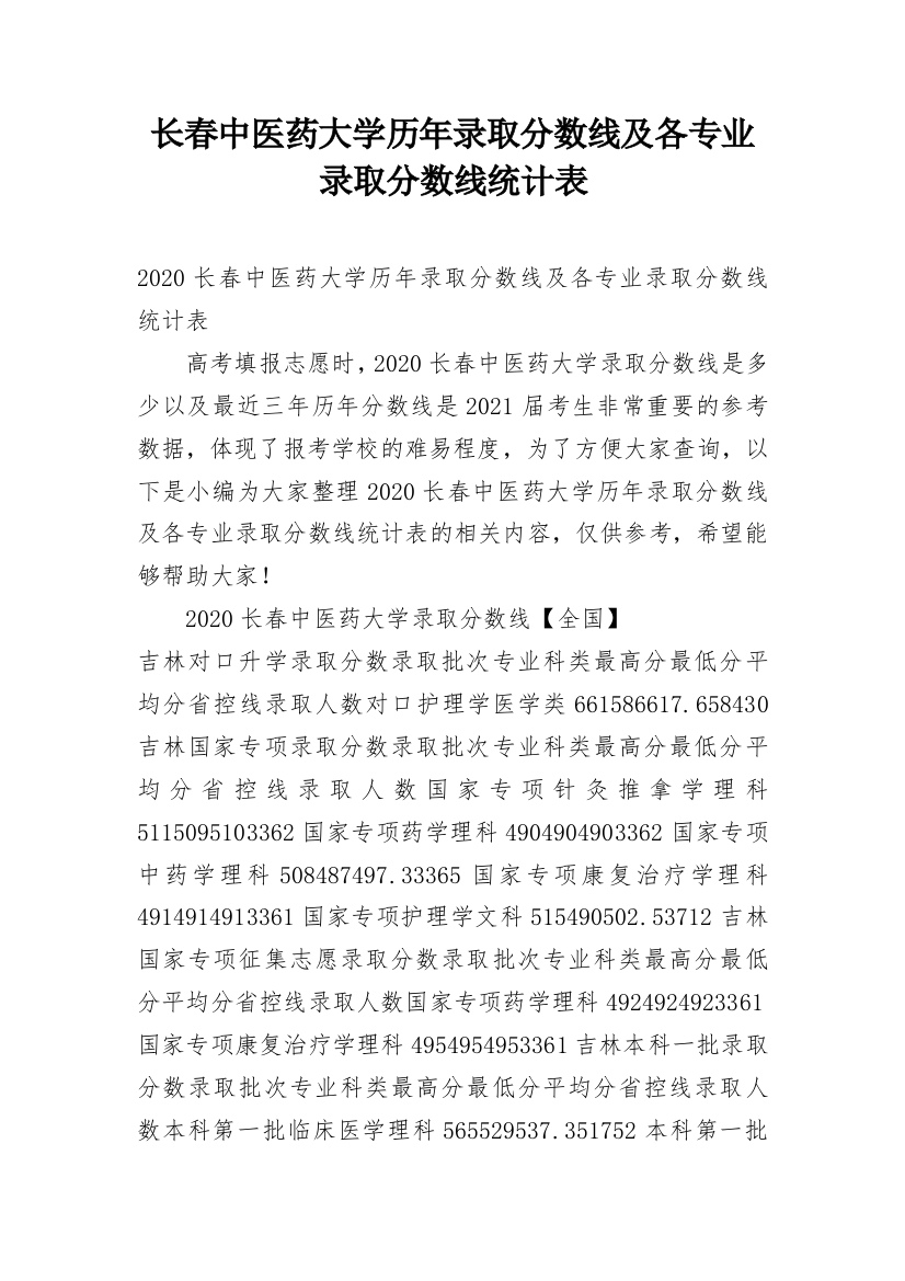 长春中医药大学历年录取分数线及各专业录取分数线统计表