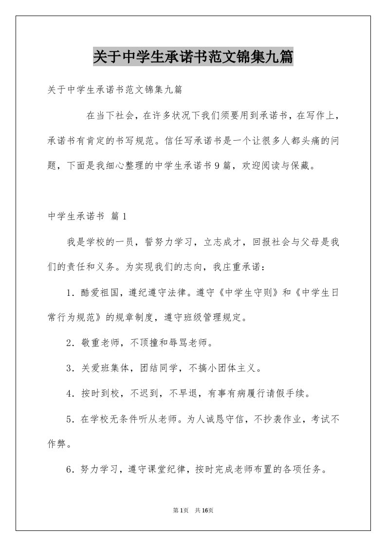 关于中学生承诺书范文锦集九篇