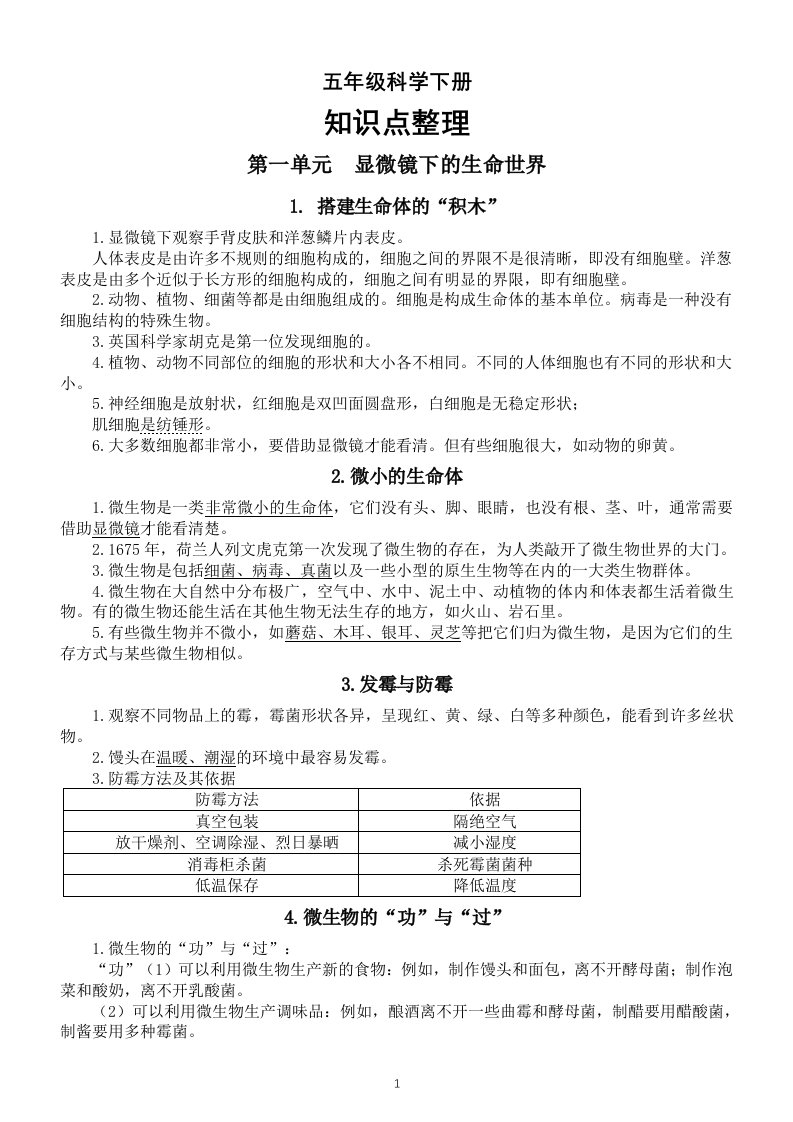 小学科学苏教版五年级下册全册知识点整理（分单元课时编排）（共19课）（2022新版）