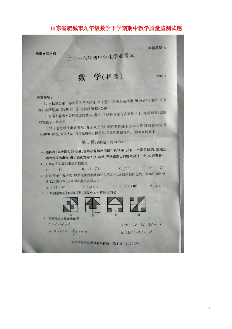 山东省肥城市九级数学下学期期中教学质量监测试题（扫描版）