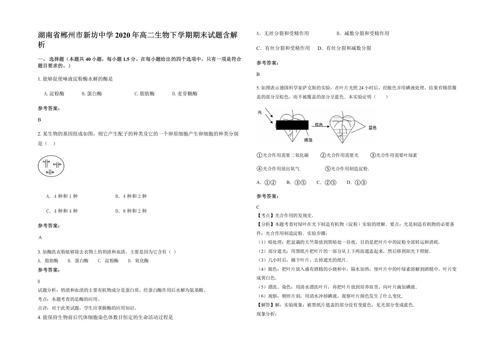 湖南省郴州市新坊中学2020年高二生物下学期期末试题含解析