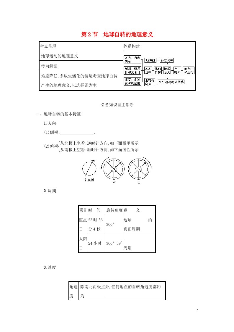 2022高考地理一轮复习第二单元从宇宙看地球第2节地球自转的地理意义学案鲁教版20210514195