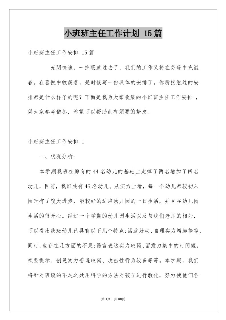 小班班主任工作计划15篇例文