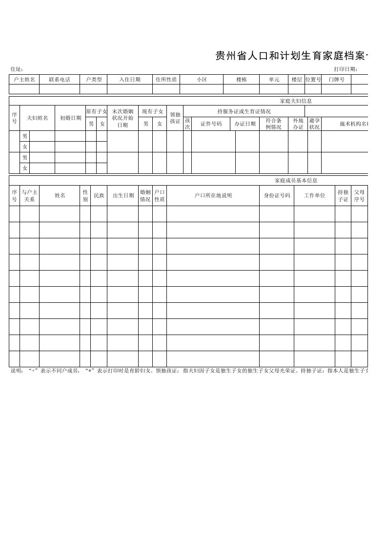 贵州省人口和计划生育家庭档案卡