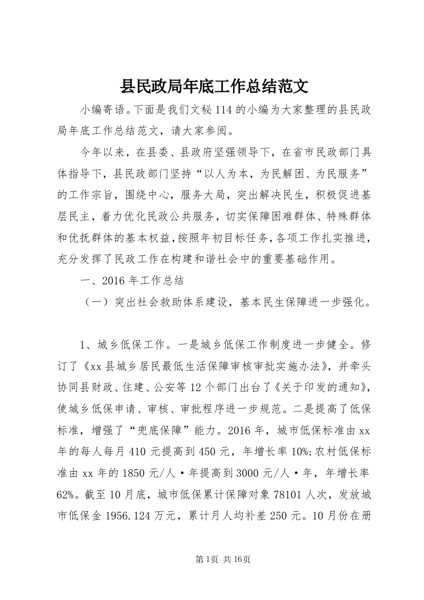 县民政局年底工作总结范文