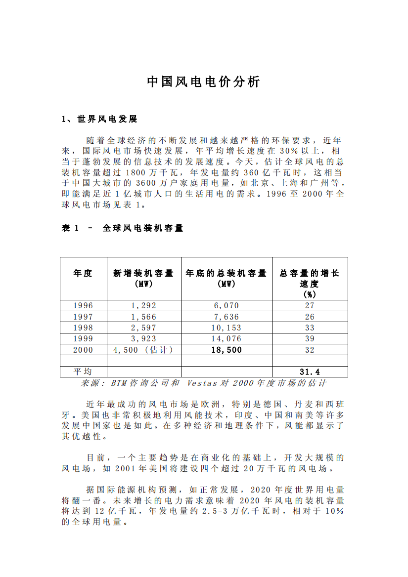 中国风电电价分析