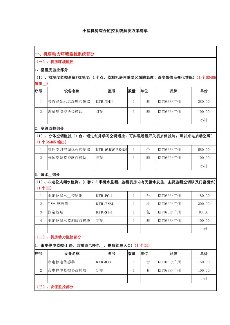 小型机房综合监控系统解决方案清单