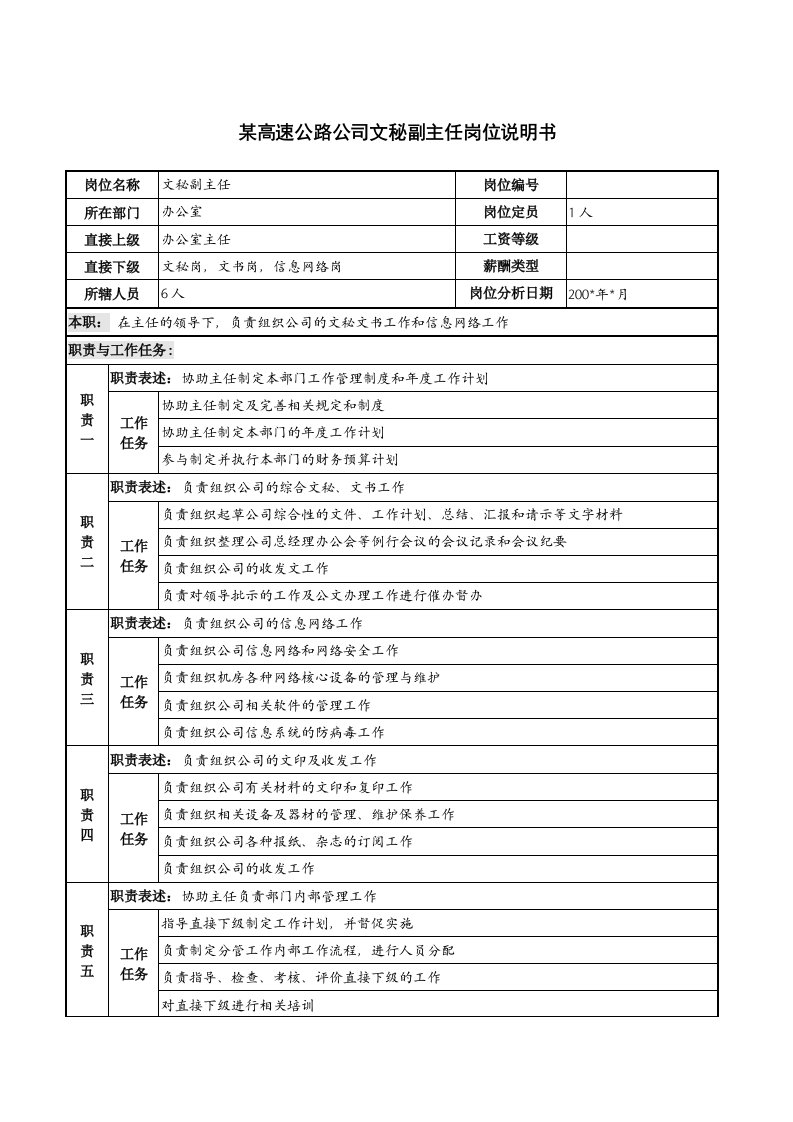 某高速公路公司文秘副主任岗位说明书