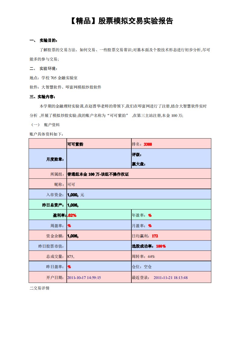 股票模拟交易实验报告