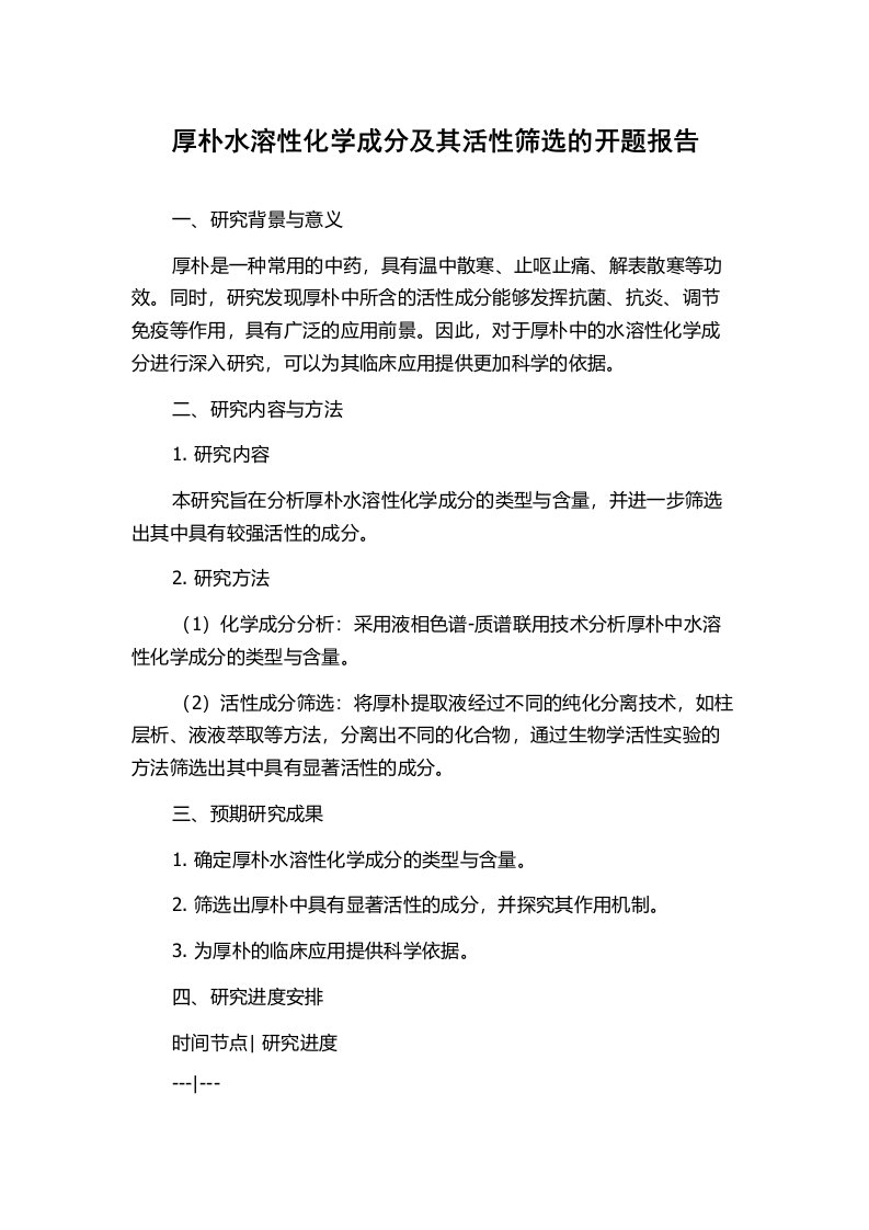 厚朴水溶性化学成分及其活性筛选的开题报告