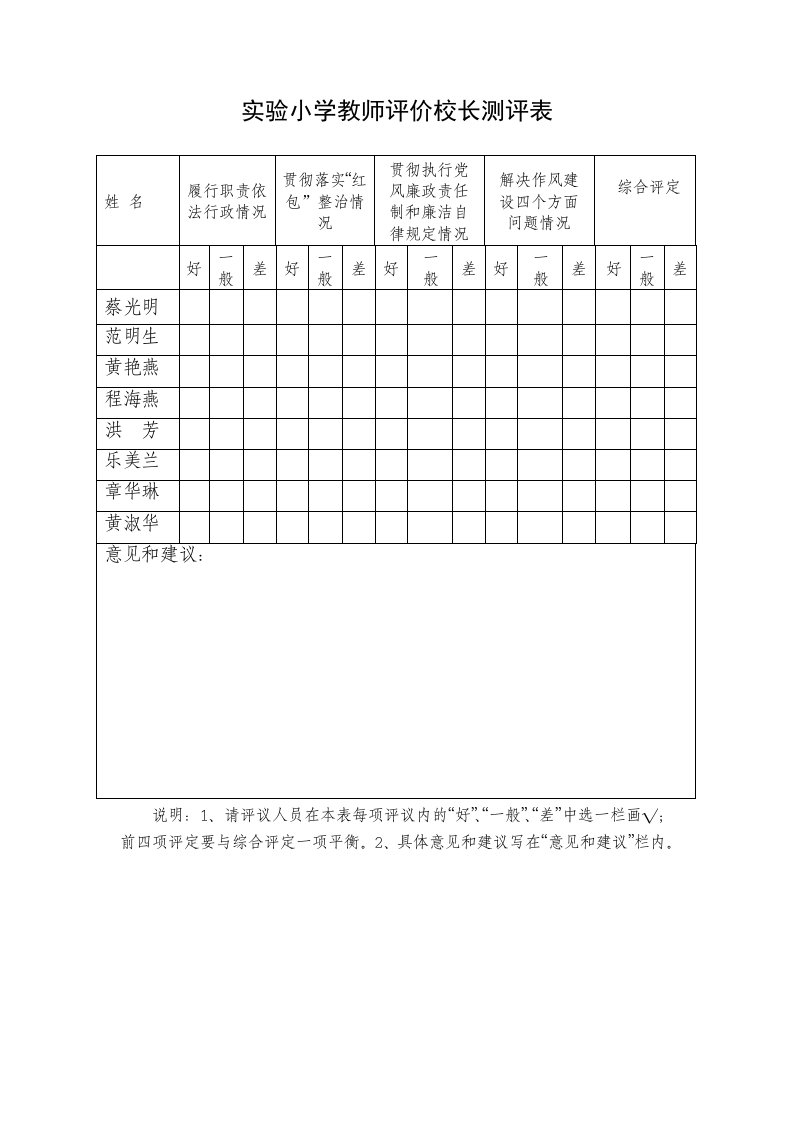 实验小学教师评价校长测评表