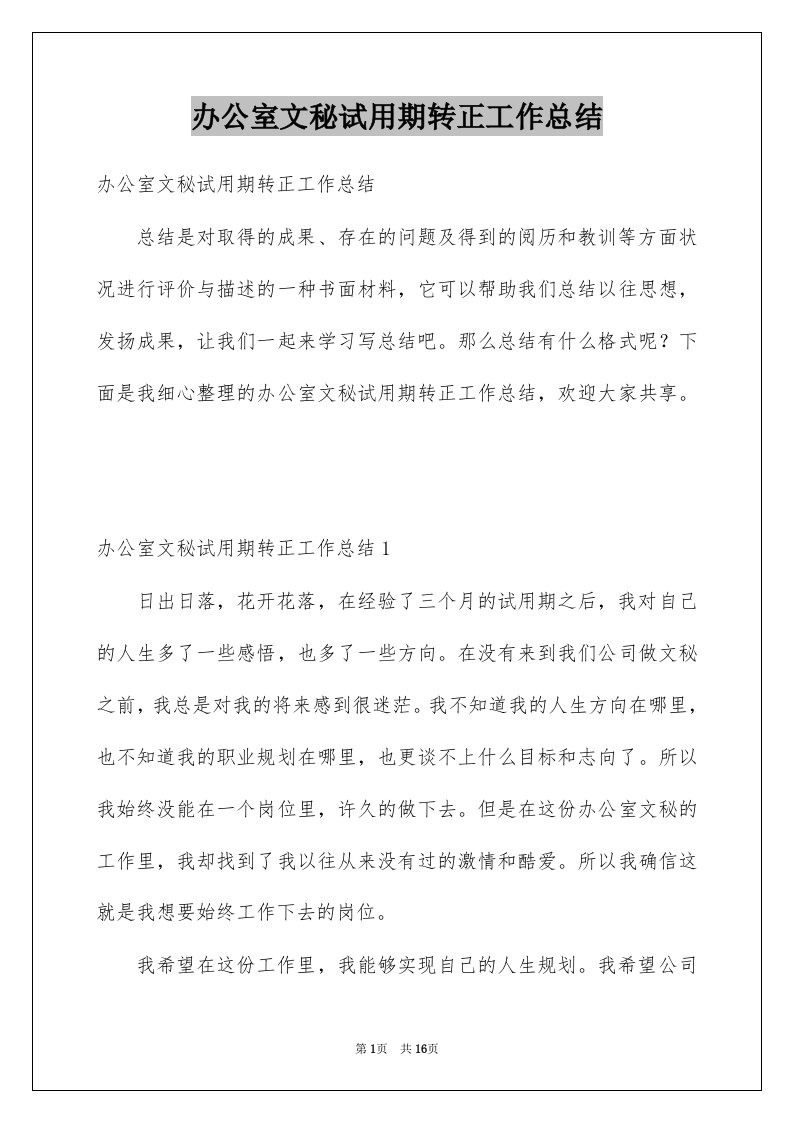 办公室文秘试用期转正工作总结例文