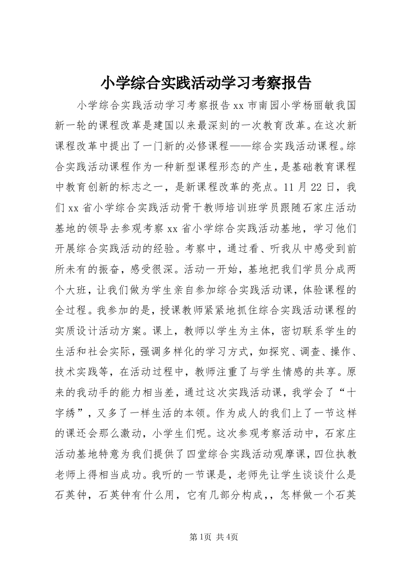 小学综合实践活动学习考察报告