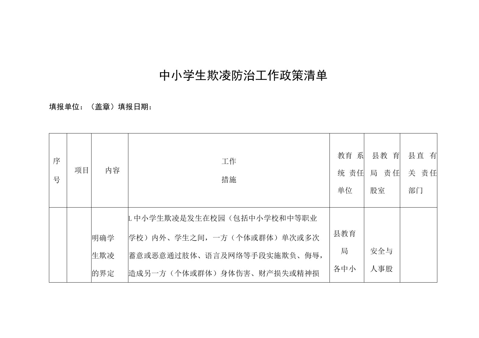 中小学生欺凌防治工作政策清单（详细版）