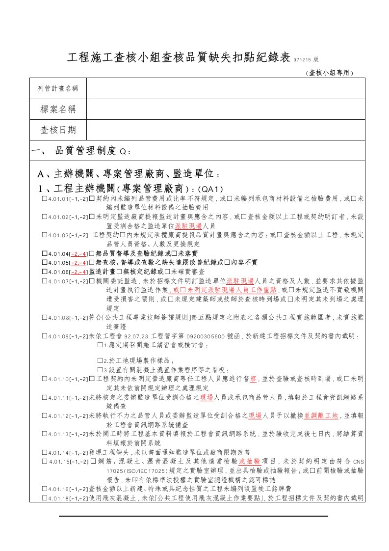 工程施工查核小组查核品质缺失扣点纪录表971215版