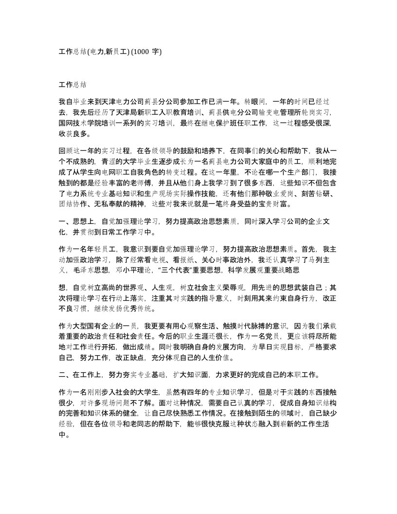 工作总结电力新员工1000字