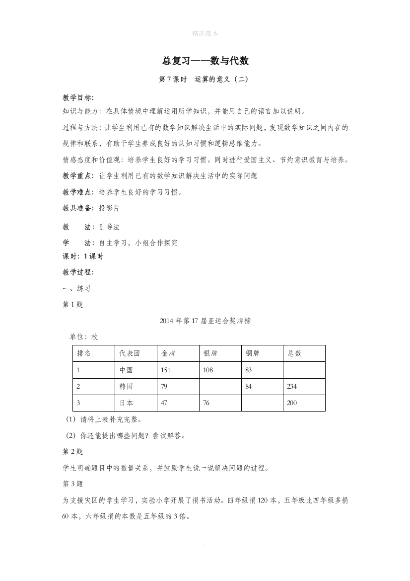 六年级数学下册总复习1数与代数第7课时运算的意义二教案设计北师大版