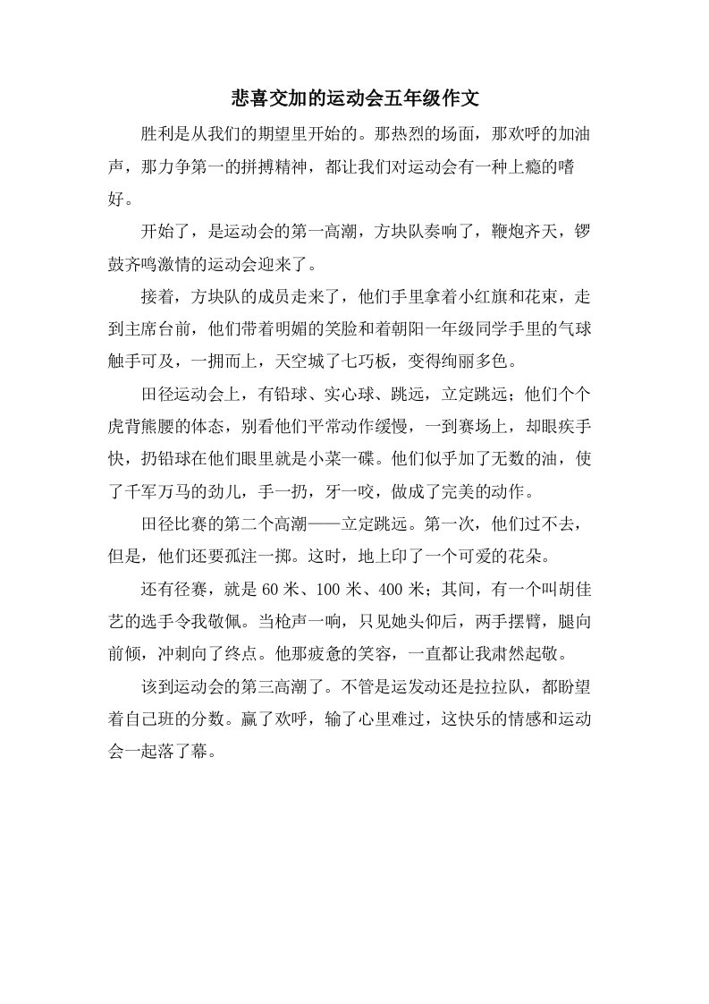 悲喜交加的运动会五年级作文