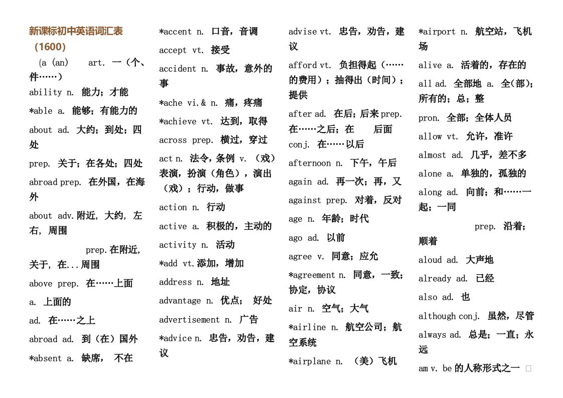 新课标初中英语词汇表