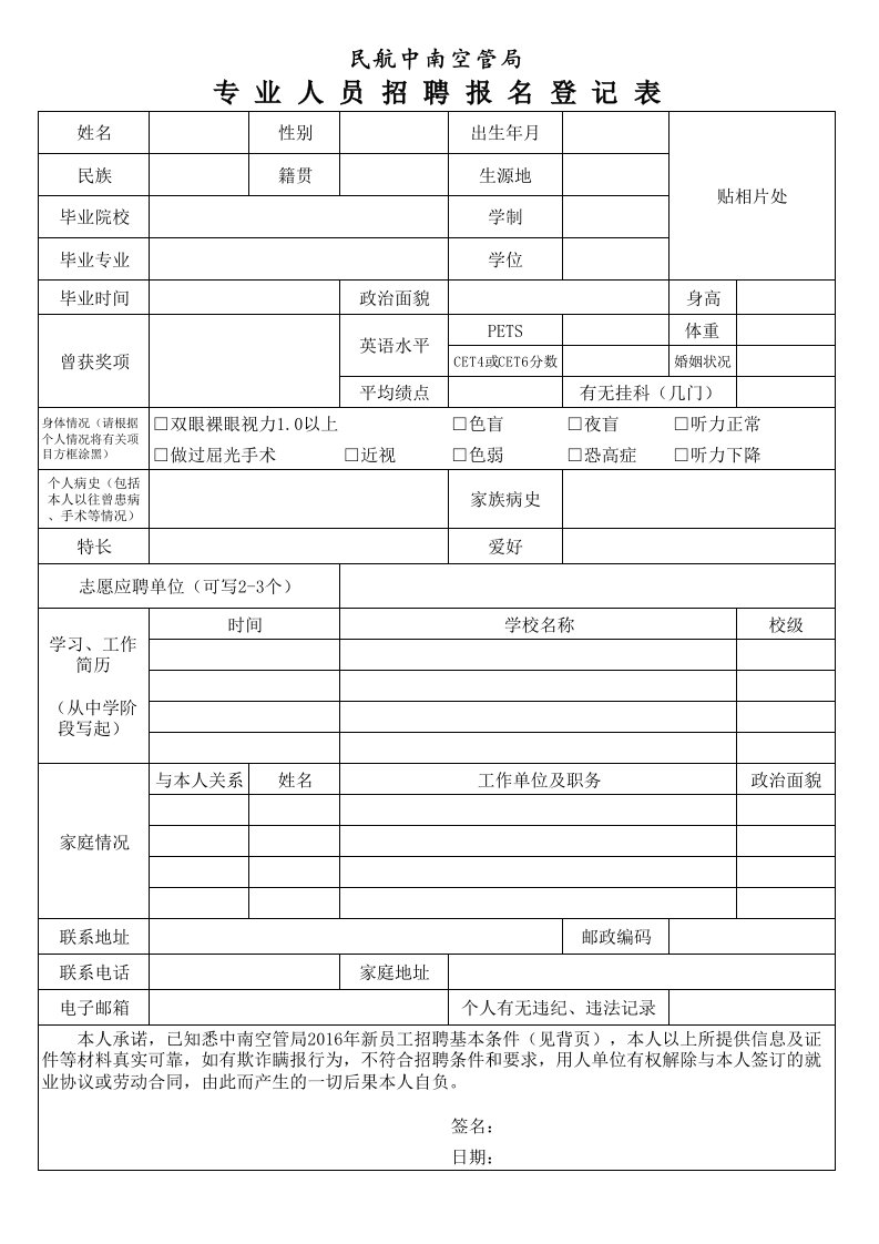 附件：民航中南空管局专业人员招聘报名登记表