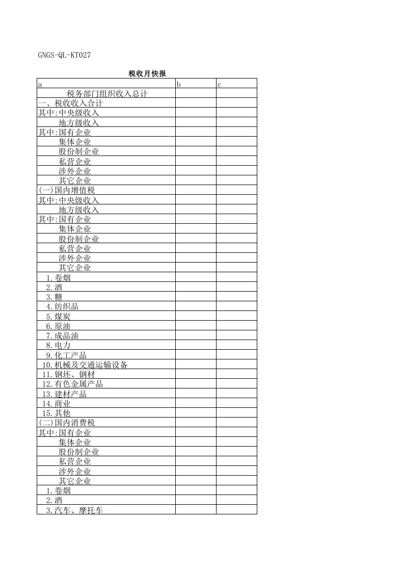 酒类资料-企业管理表格gngsqlkt027税收月快报专用