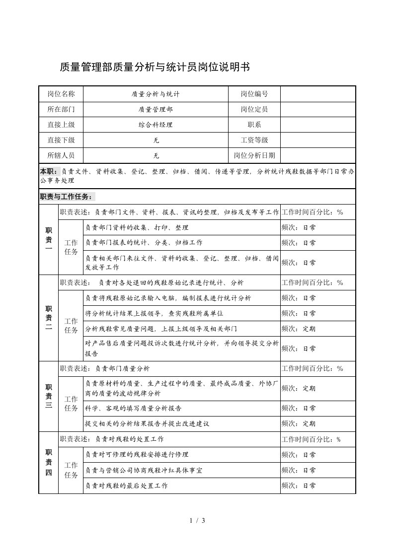 制鞋企业质量管理部质量分析与统计员岗位说明书