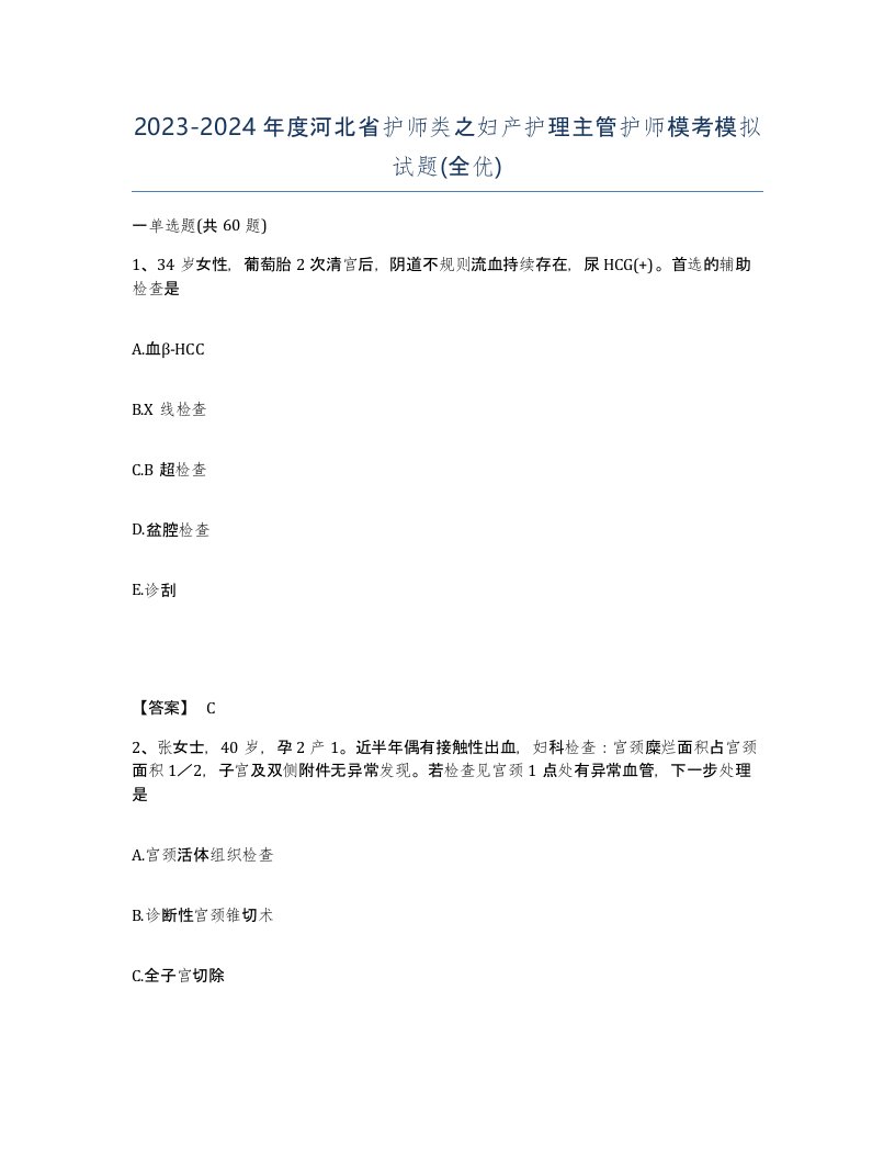 2023-2024年度河北省护师类之妇产护理主管护师模考模拟试题全优