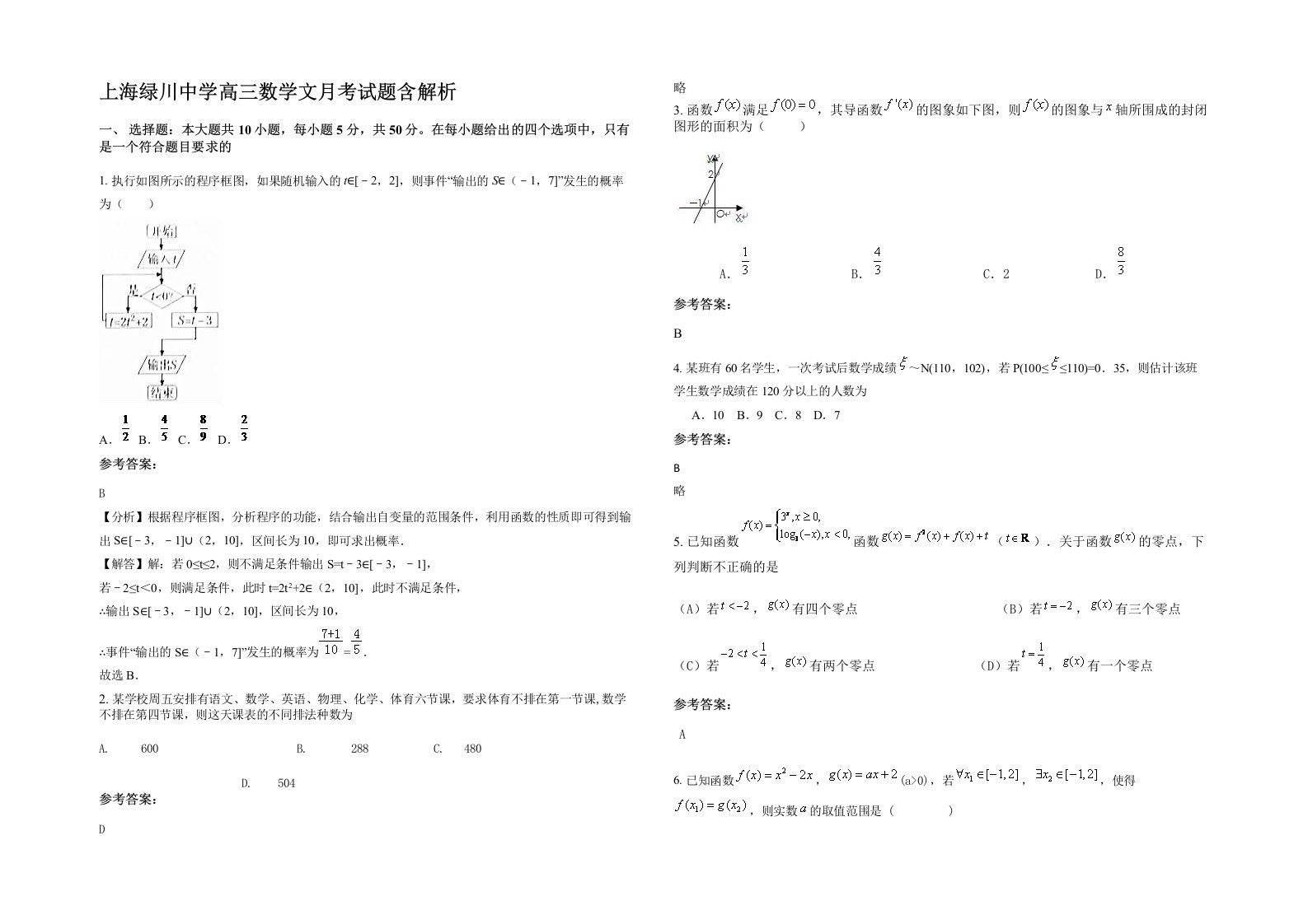 上海绿川中学高三数学文月考试题含解析