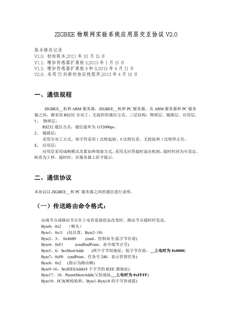 ZIGBEE物联网实验系统应用层交互协议V