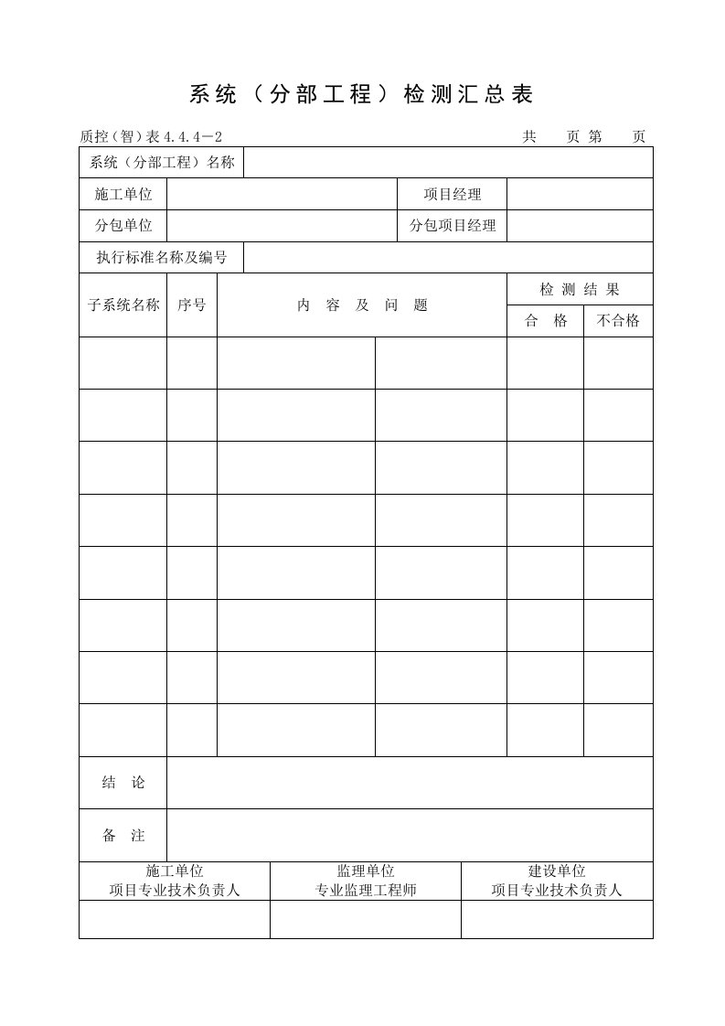 《某电信工程质量验收记录表全套》(57个文件)省标：系统（分部工程）检测汇总表-质量检验