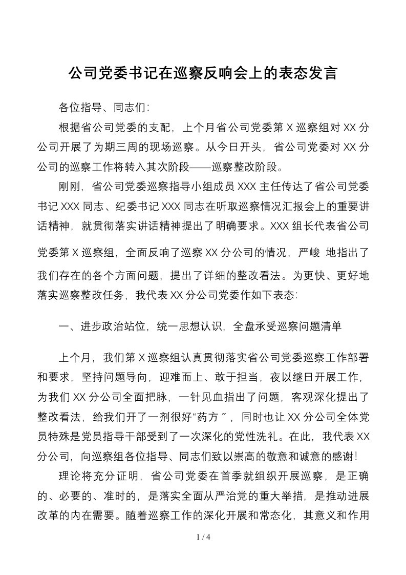 公司党委书记在巡察反馈会上的表态发言1