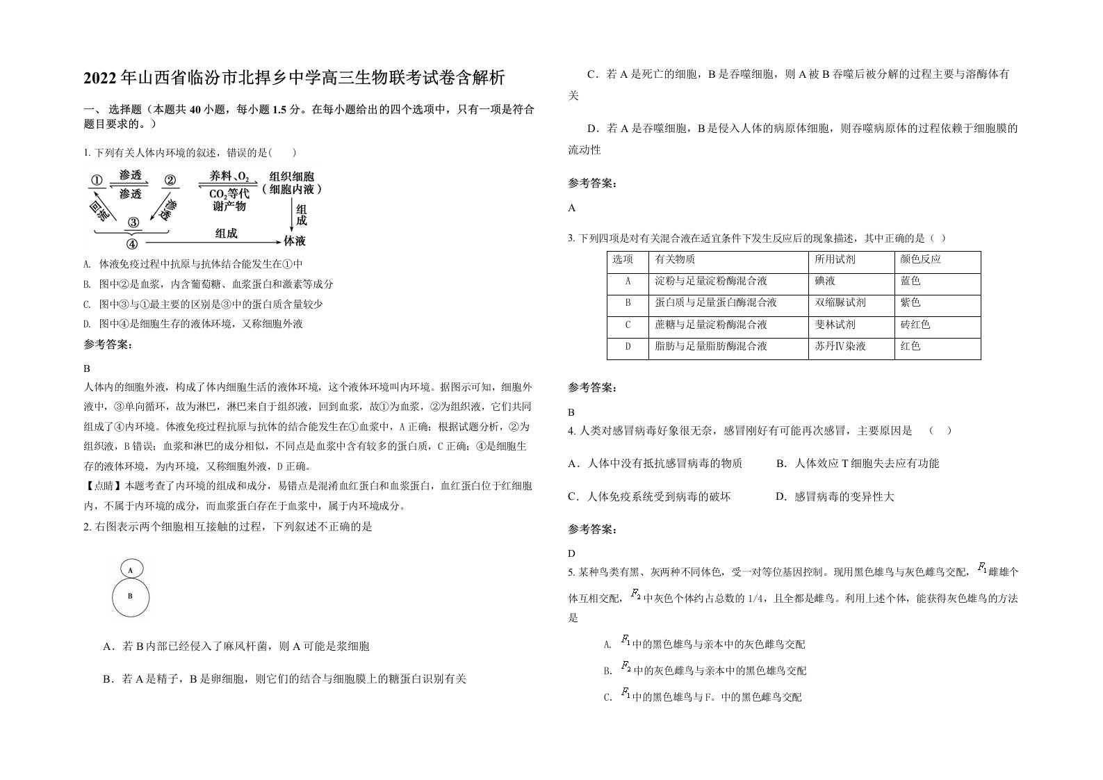 2022年山西省临汾市北捍乡中学高三生物联考试卷含解析