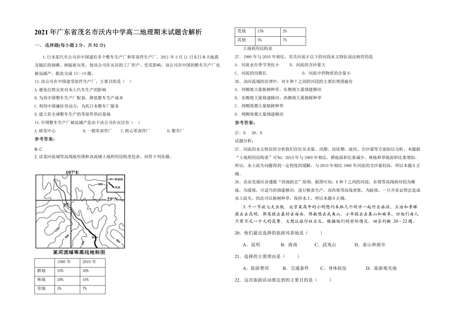 2021年广东省茂名市沃内中学高二地理期末试题含解析