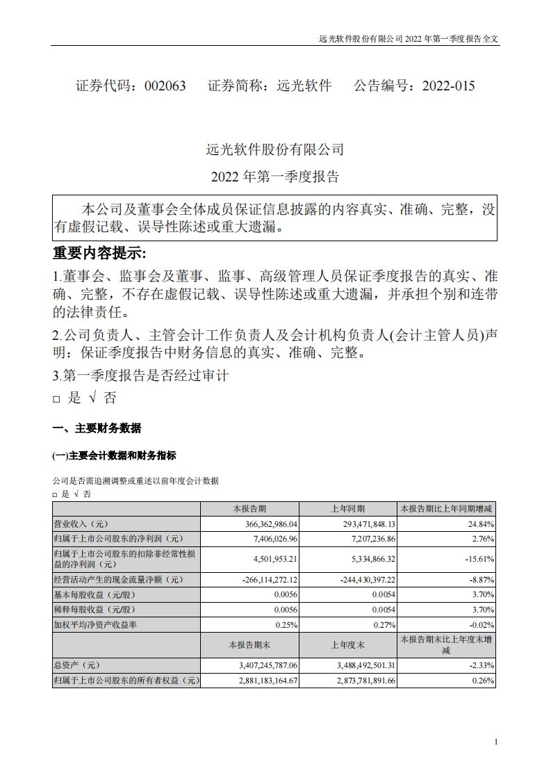 深交所-远光软件：2022年一季度报告-20220422