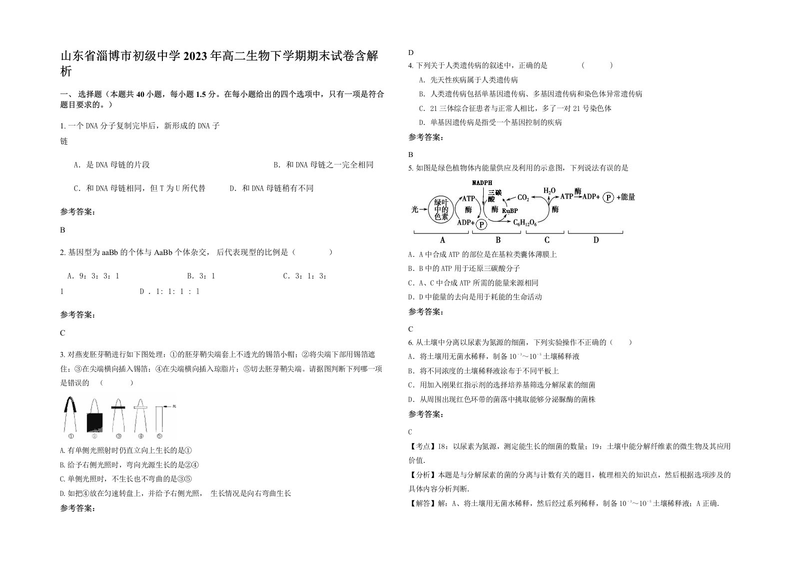 山东省淄博市初级中学2023年高二生物下学期期末试卷含解析