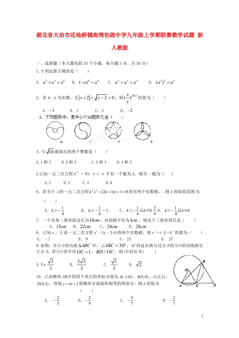 湖北省大冶市还地桥镇南湾初级中学九级数学上学期联赛试题