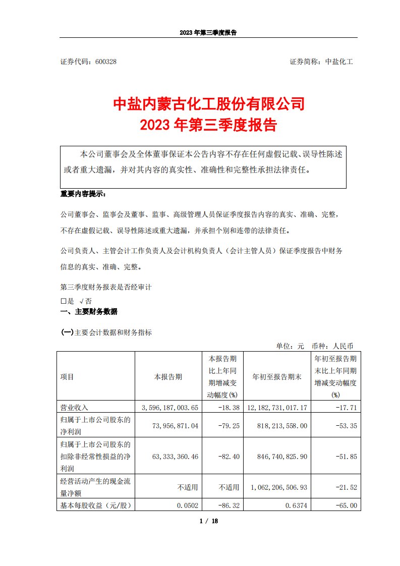 上交所-600328_中盐化工_2023年_三季度报告-20231025