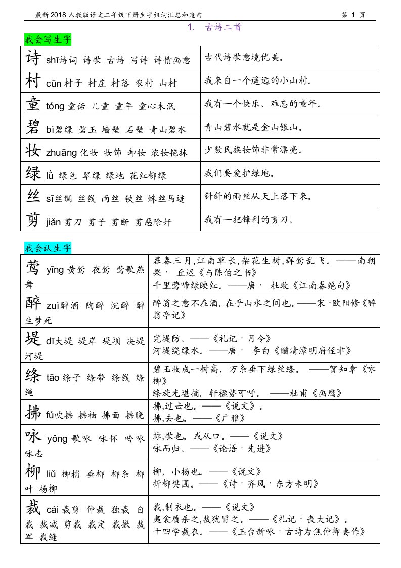 2018人教版-语文二年级下册-生字组词