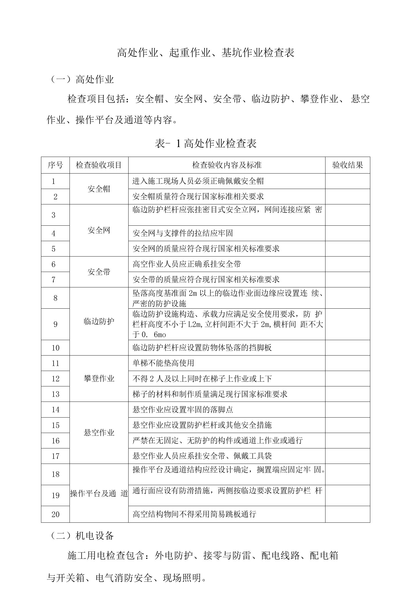 高处作业、起重作业、基坑作业检查表