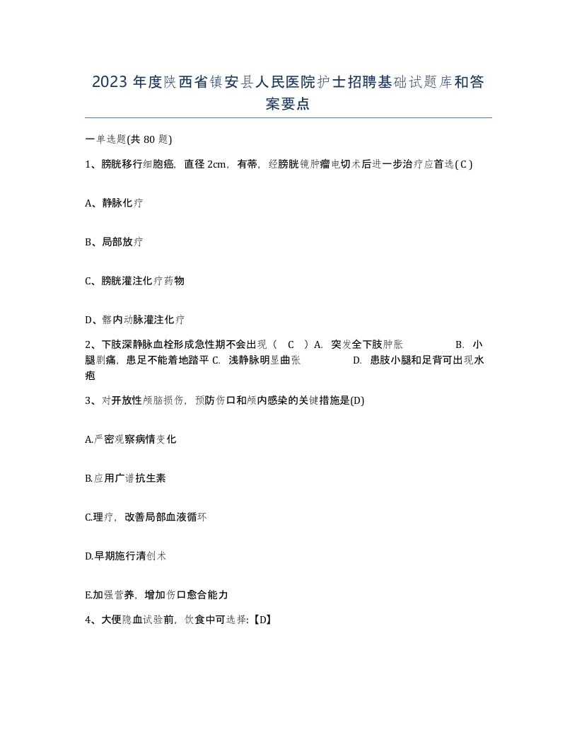 2023年度陕西省镇安县人民医院护士招聘基础试题库和答案要点