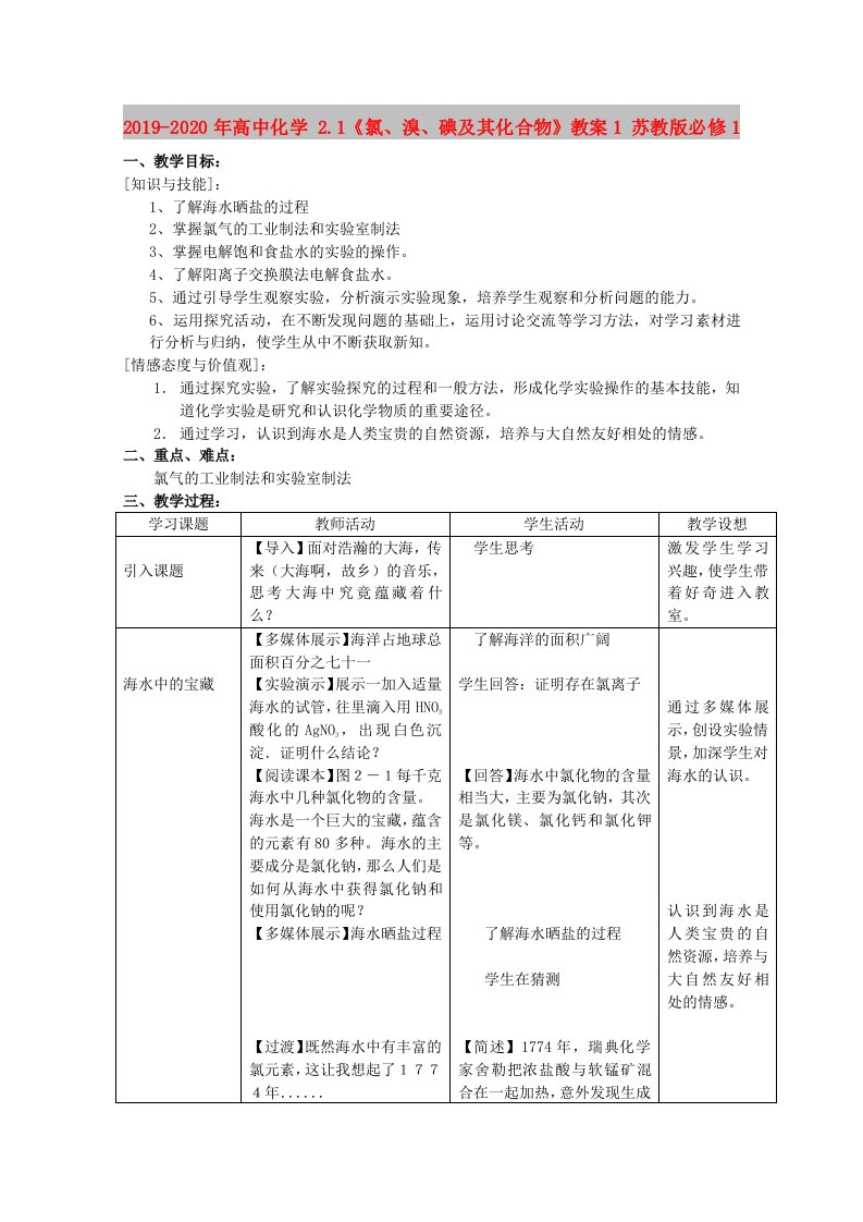 2019-2020年高中化学