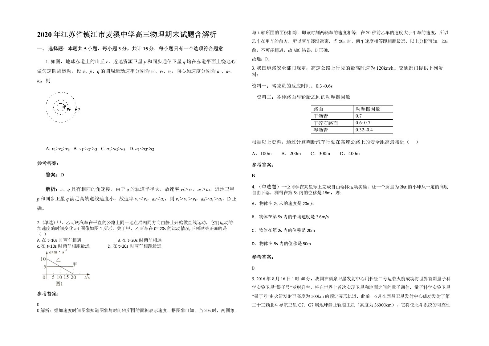 2020年江苏省镇江市麦溪中学高三物理期末试题含解析