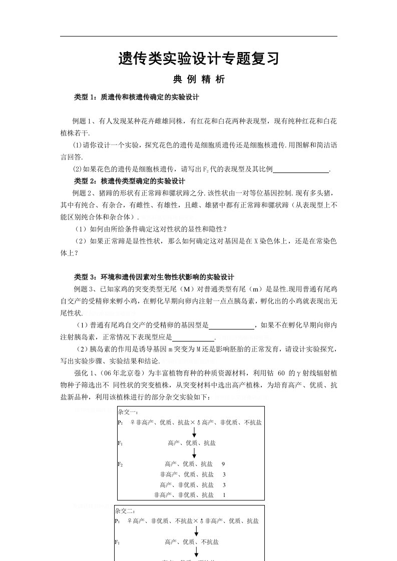 遗传类实验设计专题复习