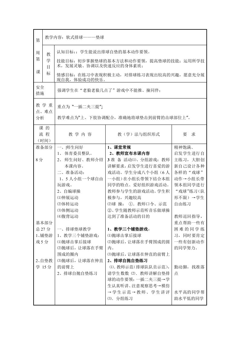 体育排球自垫球教学设计