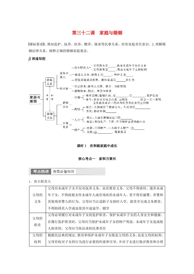 江苏专用新教材2024届高考政治一轮复习学案选择性必修2第三十二课课时1在和睦家庭中成长