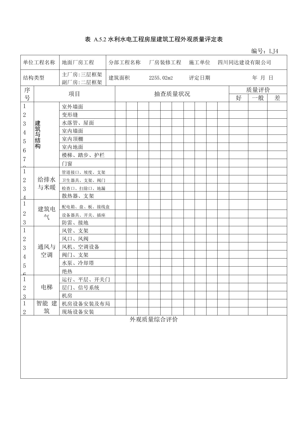 表A52水利水电工程房屋建筑工程外观质量评定表