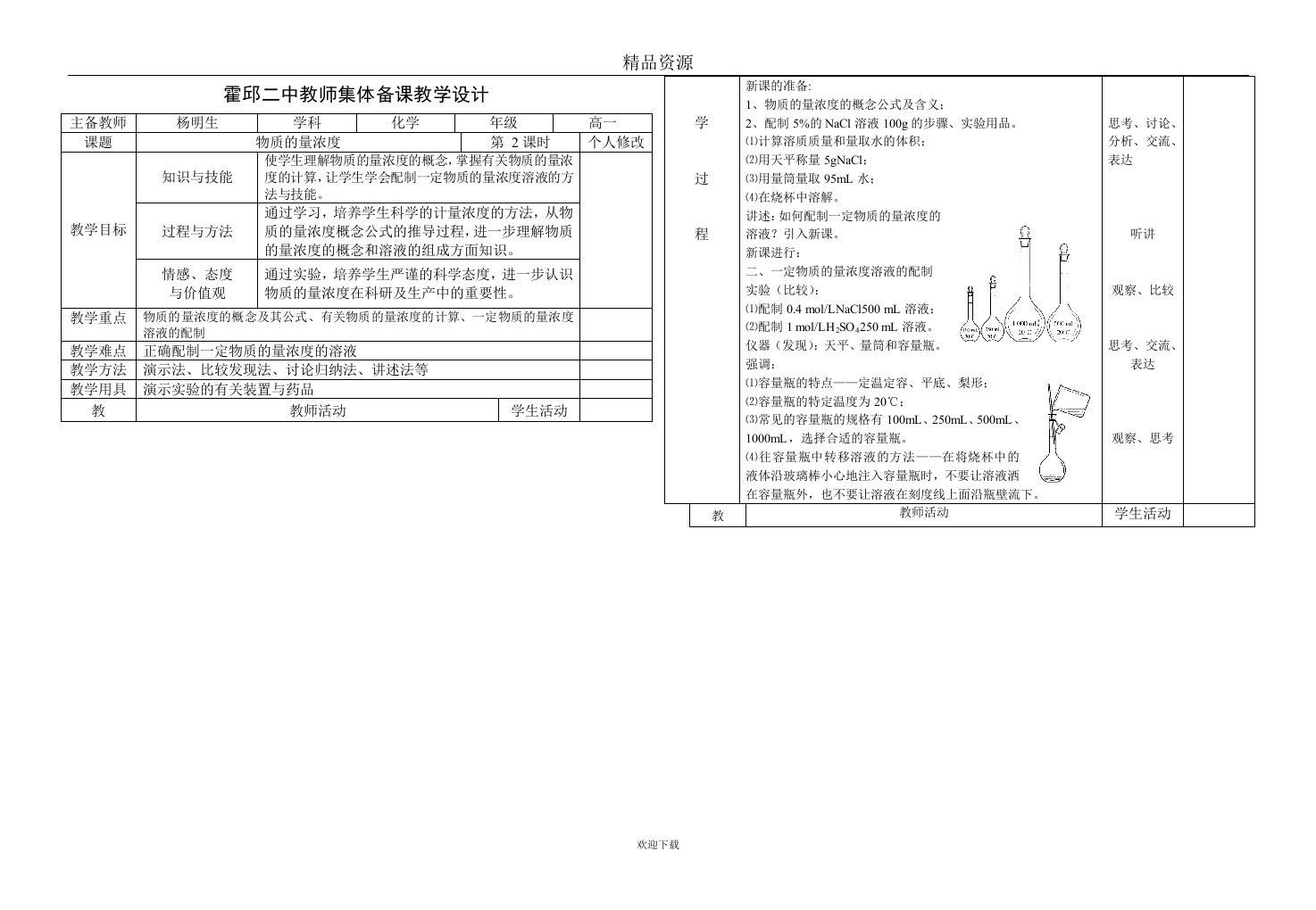 霍邱二中教师集体备课教学设计物质的量浓度初稿2