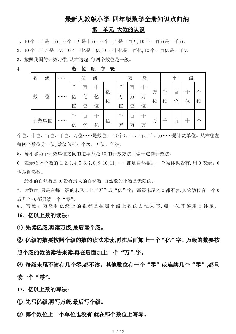 最新人教版小学-四年级数学全册知识点归纳精编