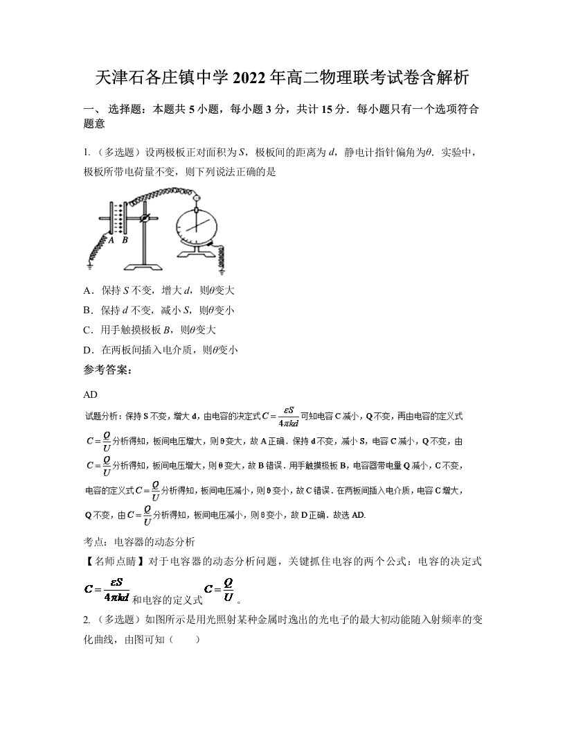 天津石各庄镇中学2022年高二物理联考试卷含解析