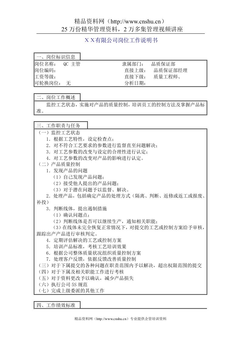 800hr03职位分析--QC主管工作说明书(doc)